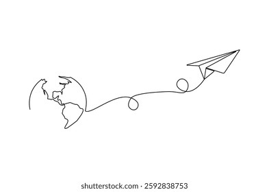Continuous one line drawing of Globe earth with paper airplane. Single line drawing illustration of earth and papper plane. Start journey concept vector art. Doodle line illustration.

