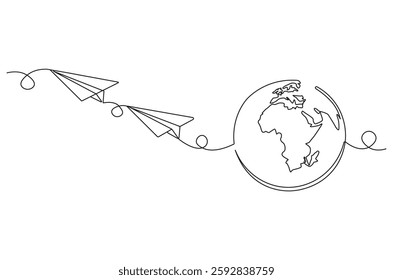 Continuous one line drawing of Globe earth with paper airplane. Single line drawing illustration of earth and papper plane. Start journey concept vector art. Doodle line illustration.
