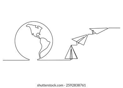Continuous one line drawing of Globe earth with paper airplane. Single line drawing illustration of earth and papper plane. Start journey concept vector art. Doodle line illustration.
