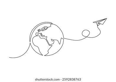 Continuous one line drawing of Globe earth with paper airplane. Single line drawing illustration of earth and papper plane. Start journey concept vector art. Doodle line illustration.
