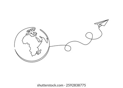 Continuous one line drawing of Globe earth with paper airplane. Single line drawing illustration of earth and papper plane. Start journey concept vector art. Doodle line illustration.
