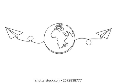 Continuous one line drawing of Globe earth with paper airplane. Single line drawing illustration of earth and papper plane. Start journey concept vector art. Doodle line illustration.

