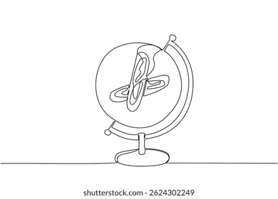 Continuous one line drawing globe with a round plate in the middle containing 2 pieces of French baguette bread. High protein bread. World Baking Day. Single line draw design vector illustration
