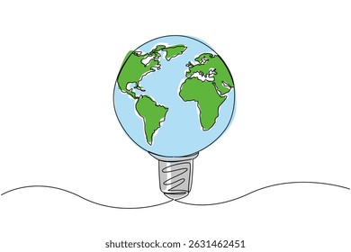 Continuous one line drawing a globe made like a light bulb. Very environmentally friendly energy. A kindness for the earth. International Day of Light. Single line draw design vector illustration