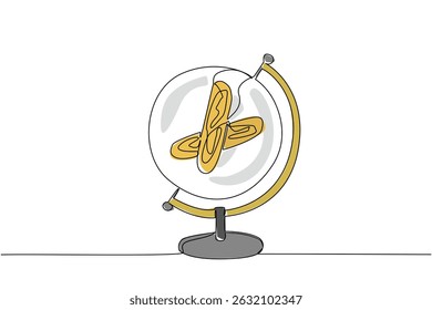 Continuous one line drawing globe with a round plate in the middle containing 2 pieces of French baguette bread. High protein bread. World Baking Day. Single line draw design vector illustration