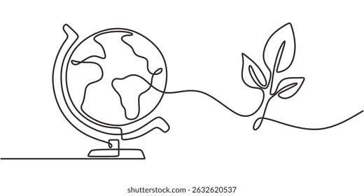 Continuous One Line Drawing Globe Plant. World Environment Day Earth Care. Eco Globe.