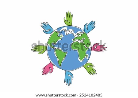 Continuous one line drawing a globe surrounded by hands of various colors. The global community coming together to support those affected. Rare Disease Day. Single line draw design vector illustration