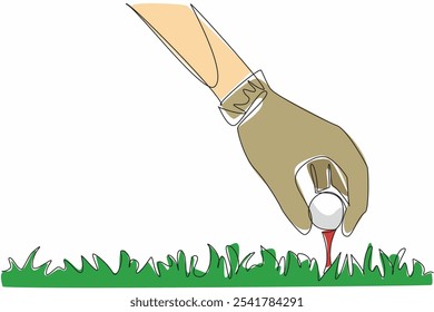 Continuous one line drawing gloved hand puts golf ball on tee. The next step is to hit the ball in the hope of getting a hole in one. Focus on the goal. Single line draw design vector illustration