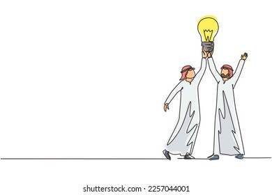 Kontinuierliche Ziehung einer Linie Ziel, Gewinn, Teamwork. Team-arabischer Geschäftsmann, der eine Glühbirne hält. Erfolgreiche Problemlösungskonzeption. Vektorgrafik-Design für einzelne Linien