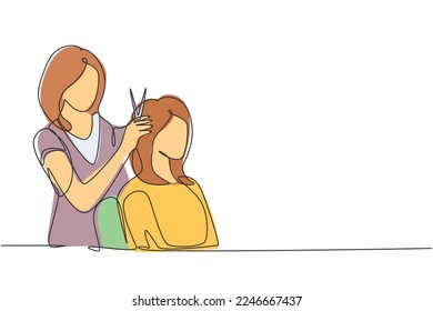 Continuous one line drawing Going for change of style. Beautiful woman discussing hairstyling with her hairdresser holding scissors while sitting in hairdressing salon. Single line draw design vector