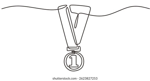Uma Linha Contínua Desenhando Fita De Medalha De Ouro. Minimalista esporte acadêmico prêmio conquista vencedor prêmio vetor ícone.