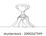 Continuous one line drawing golden trophy held by many hands. Symbol of winning championships, matches and sports competitions. Best achievement. Single line draw design vector graphic illustration