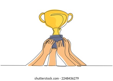 Continuous one line drawing golden trophy held by many hands. Symbol of winning championships, matches and sports competitions. Best achievement. Single line draw design vector graphic illustration