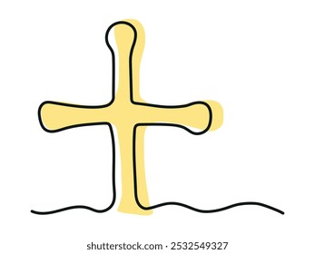 Continuous one line drawing of a golden cross isolated on white background. Abstract Line Art. Concept of Easter, Christian symbol, faith, spirituality, religion, funeral. Design element, icon, print