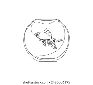 Continuous one line drawing of goldfish in the fishtank. Fish in fishtank outline vector illustration. Editable stroke.