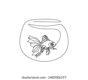 Continuous one line drawing of goldfish in the fishtank. Fish in fishtank outline vector illustration. Editable stroke.