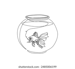 Continuous one line drawing of goldfish in the fishtank. Fish in fishtank outline vector illustration. Editable stroke.