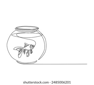 Continuous one line drawing of goldfish in the fishtank. Fish in fishtank outline vector illustration. Editable stroke.