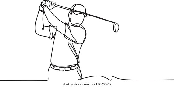 Continuous one line drawing of a golf player, depicting a man in action swinging a golf club. This elegant single line art captures the dynamic movement of a golfer during a swing. Artwork is isolated on a transparent background, showcasing a minimalist and stylish portrayal of golf sport and athletic activity.