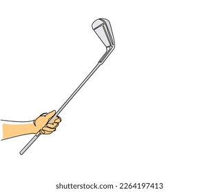 Continuous one line drawing golfer hand holding golf stick. Golfer holding wedge concept. Human hand with stick, club and ball sport symbol. Golfers equipment. Single line draw design vector graphic