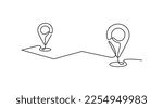 A continuous one line drawing of a google map view in an urban area. route directions and locations. Simple pins on way between two points in thin Linear style. Gps navigation and Travel concept.