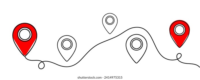 A continuous one line drawing of a google map view in an urban area. route directions and locations. Simple pins on way between two points in thin Linear style. Gps navigation and Travel concept.