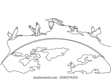 Continuous one line drawing goose mass flight across half the size of the globe. Go in groups to avoid the winter. Adaptation. World Migratory Bird Day. Single line draw design vector illustration