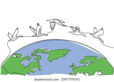 Continuous one line drawing goose mass flight across half the size of the globe. Go in groups to avoid the winter. Adaptation. World Migratory Bird Day. Single line draw design vector illustration