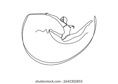 Continuous one line drawing graceful female gymnast in mid air, performing split leap with ribbon. Elegance and precision in captivating rhythmic gymnastic. Single line draw design vector illustration