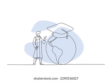 Continuous one line drawing of a graduate student with a globe. Vector illustration
