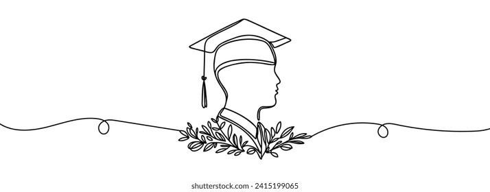 Dibujo continuo de una línea de un graduado con una gorra de graduado.