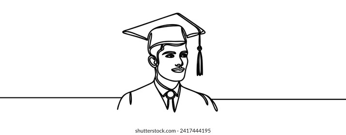 Continuous one line drawing of a graduate wearing a graduate cap.