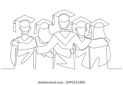 Continuous one line drawing of graduates standing with arms around each other from rear view, graduation ceremony concept, single line art.