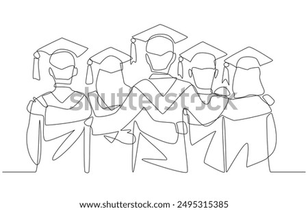 Continuous one line drawing of graduates standing with arms around each other from rear view, graduation ceremony concept, single line art.