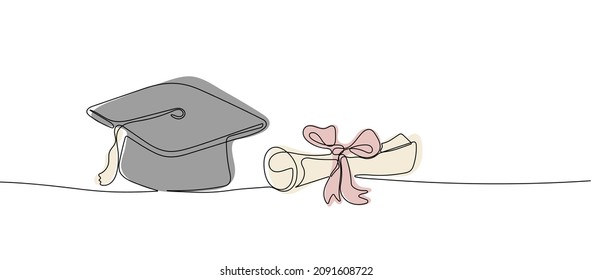 Continuous one line drawing graduation cap with diploma. Concept of study, graduation and degree. Vector illustration