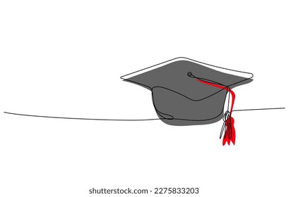 Continuous one line drawing of Graduation cap with tassel. Element for degree ceremony and educational programs design. Hand drawn vector illustration in minimalist line art style