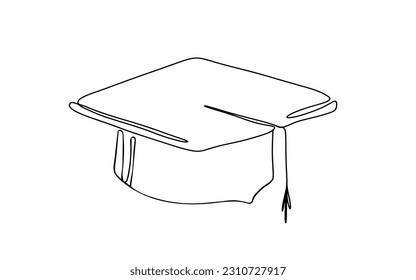 Continuous one line drawing of graduation cap. Simple illustration of black mortar board cap line art vector illustration.
