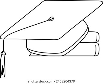 Continuous one line drawing of graduation cap with books, black mortar board cap line art vector illustration.