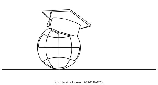Continuous one Line Drawing of Graduation Globe, Earth globe with graduation hat. One line drawing of minimalist vector illustration design on white background. Isolated simple line modern graphic.