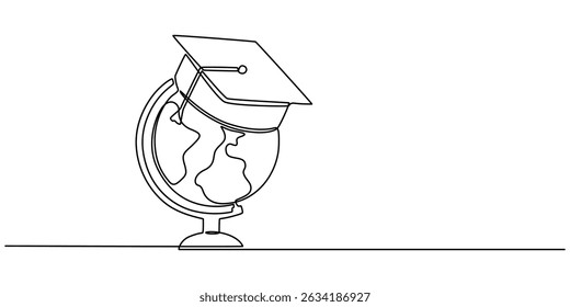 Continuous one Line Drawing of Graduation Globe, Earth globe with graduation hat. One line drawing of minimalist vector illustration design on white background. Isolated simple line modern graphic.
