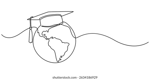 Continuous one Line Drawing of Graduation Globe, Earth globe with graduation hat. One line drawing of minimalist vector illustration design on white background. Isolated simple line modern graphic.