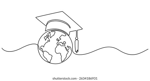 Continuous one Line Drawing of Graduation Globe, Earth globe with graduation hat. One line drawing of minimalist vector illustration design on white background. Isolated simple line modern graphic.