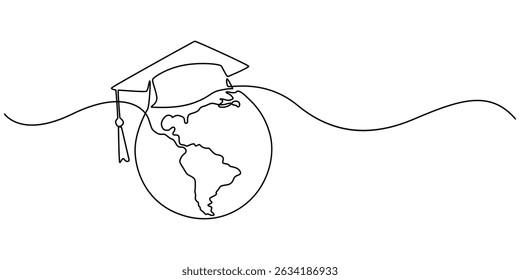 Continuous one Line Drawing of Graduation Globe, Earth globe with graduation hat. One line drawing of minimalist vector illustration design on white background. Isolated simple line modern graphic.