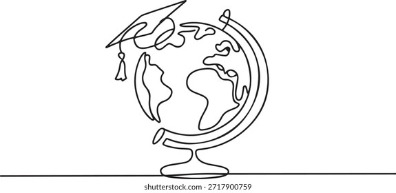 Continuous one Line Drawing of Graduation Globe. one line Icon drawing
