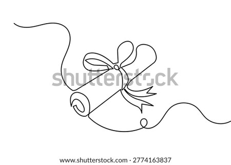 Continuous one line drawing of a graduation diploma scroll with ribbon, minimalist vector illustration.