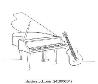 Continuous one line drawing of grand piano with accoutic guitar. Grand piano and classic guitaroutline vector illustration. Editable stroke.