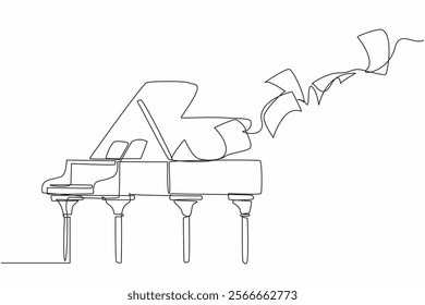 Continuous one line drawing a grand piano on top of which there are flying sheets of paper. The musical performance is over. Fest. International Jazz Day. Single line draw design vector illustration