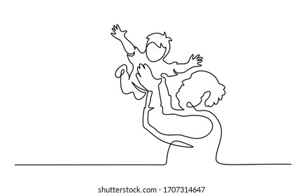 Continuous one line drawing. Grandfather tosses grand son. Line art. Vector illustration