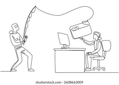 Continuous one line drawing a grandma typing on a laptop and a thief fishing for a large credit card. Cyber crime. National Senior Fraud Awareness Day. Single line draw design vector illustration