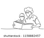 Continuous one line drawing. Grandmother sitting with grandson and reading book story. Vector illustration